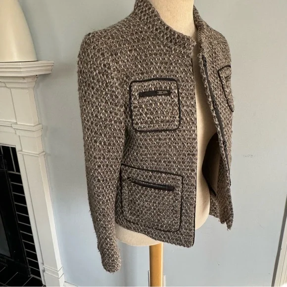 J.CREW metallic tweed & faux leather snap front blazer jacket tan cream black